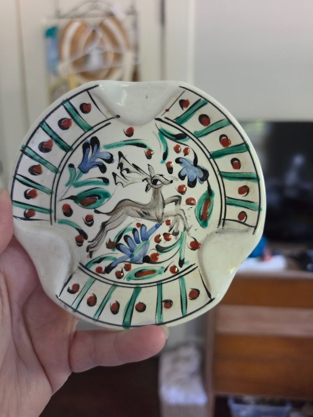 Vintage Ikaros Rhodes ashtray Hand Painted Rhodian Fallow Deer Greece Ashtray 5"